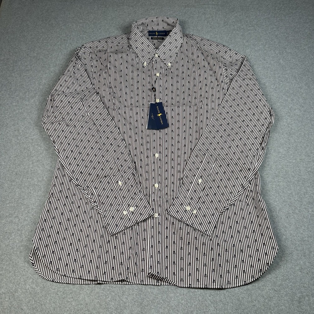 Polo Ralph Lauren Custom Fit Skull Stripe Shirt 17.5 XL Brown Cotton Stretch NWT